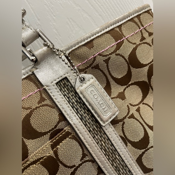 Coach Signature Khaki C Platinum Metallic Trim Beaded Gallery Tote Bag Purse - Picture 9 of 12